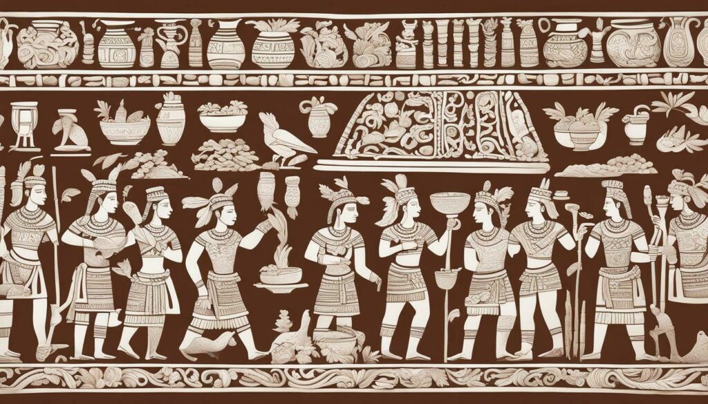 Antigo vaso maia de cerâmica adornado com cenas de preparação e consumo de cacau