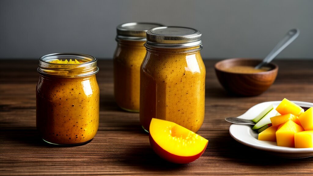 Mango and onion chutney in glass jars