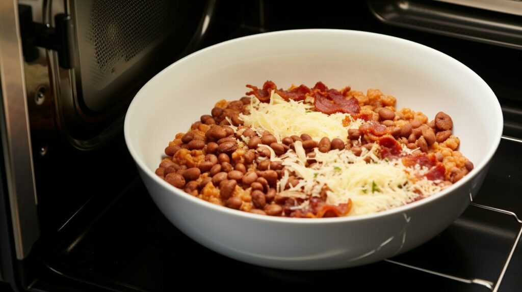 beans with bacon and pepperoni in the microwave